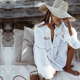 Women Swimsuit Cover Ups Mandarin Sleeve Kaftan Beach Tunic Dress Robe De Plage Solid White Pareo Cover-ups #Q429 210722