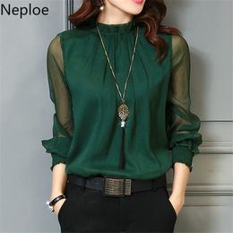 Chiffon Blouse New Women Tops Long Sleeve Stand Neck Work Wear Shirts Elegant Lady Blouses Casual Solid Colour Blusas 32746 210317