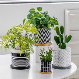 Nordic Geometric Art Ceramic Flowerpot Succulent Cactus Planter Golden Green Plants Pot With Hole Tray Luxury Home Decoration 211130