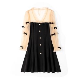 Black V Neck Long Sleeve Patchwork Autumn Mini Dress A line Elegant Mesh Bow D2090 210514