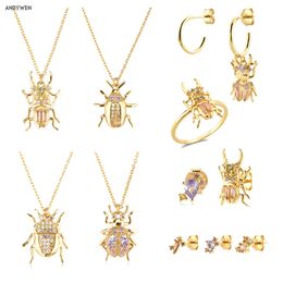 ANDYWEN 925 Sterling Silver Gold CZ Beetle Animal Zircon Piercing Earring Drop Courage Rings Long Chain Necklace Jewellery Set