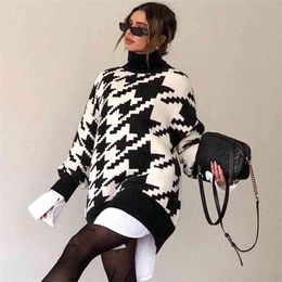 Women's Turtleneck Houndstooth Sweaters For Girls Oversized Female Pulovers Winter Fall Long Sleeve Loose Top Warm Jumper 210510