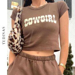 Yedinas Letter Print Crop Top Women Summer Short Sleeve Round Neck Cotton Graphic Tees T Shirt Slim Streetwear T-shirt Y2k 210527