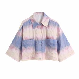 Summer Women Tie Dye Printing Loose Casual Shirt Female Short Sleeve Blouse Lady Crop Tops Blusas S8802 210430