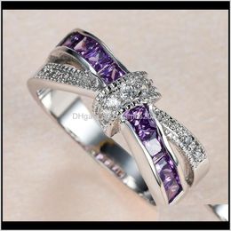 Jewelrycute Female Purple Crystal Stone Ring Charm Sier Colour Thin Wedding Rings For Women Vintage Bowknot Zircon Engagement Drop Delivery 20