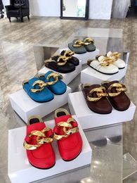 Tasarımcı Bayan JW Makosen Ayakkabı Katır Terlik Londra Markası JA Sandalet Hakiki Deri Patik Ahşap Alt Düz Topuklu Slaytlar Altın Zincir Terlik Lüks Tasarımcı Ayakkabı