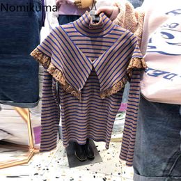 Nomikuma Korean Striped Turtleneck Knitted Tops Lace Patchwork Ruffle Women Pullovers Autumn Winter Basic Knitwear 6D281 210427