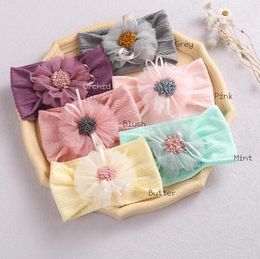Fashionable 30pcs/lot Tulle Flower Matching Nylon Headband Flower Wide Nylon Bands for Girls Newborn Baby Headwear
