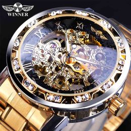 Winner Golden Watches Classic Rhinestone Clock Roman Analogue Male Skeleton Clocks Mechanical Stainless Steel Band Luminous Watch 210329