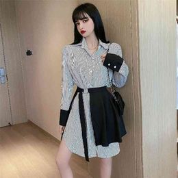 Spring Autumn Women's Dress Retro Hong Kong Style Striped Short Casual Slim Long Sleeve Female es GX660 210507