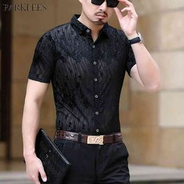 Men's Mesh See Through Fishnet Clubwear Shirts Slim Fit Short Sleeve Sexy Lace Dress Shirts Party Event Prom Transparent Blouse 210522