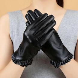 Sports Gloves Winter Lady Touchscreen Smartphone Driving Warm Full Finger Mittens Ruffle Women Girls Black Windproof Outdoor Lined