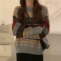 Autumn Vintage Knitted Women Sweater Korean Casual Pull Oversize Femme Long Sleeve Pullover Office Lady Loose Stripe Sweaters 210514