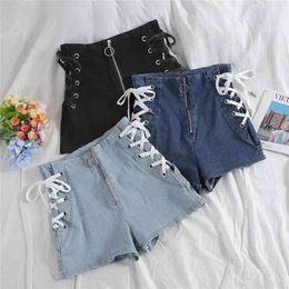 Spring Autumn Women Jeans Shorts Tie High Waist Denim Female Casual Black Student All Match Skinny 1782 210625