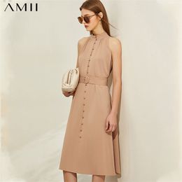 Minimalism Spring Summer Fashion Solid Halter Women Dress Sleeveless Aline Loose Belt Female Knee-length 12070176 210527