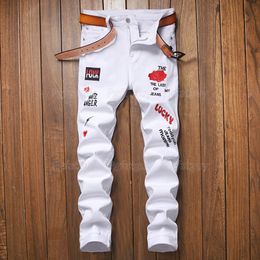 European American Trend Men's Jeans Male Hole Stretch White Embroidered Letters slim-fit Denim Pants Pantalons Pour Hommes