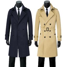 Men's Trench Coats Mens Spring Autumn Khaki Blue Man Double Breasted Coat Men Clothes Slim Fit Overcoat Long Sleeve Designer 9XL