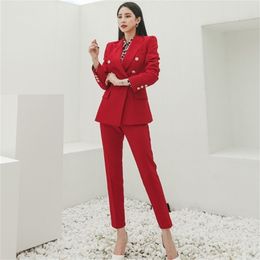 Women's Office Ladies Red Blazer +Pants Suit Women Two Piece Set Double Breasted Jacket 210603