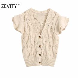 ZEVITY women fashion v neck butterfly sleeve twist knitting casual slim sweater female hollow out breasted sweater tops S373 210603