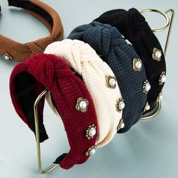 Korean Knitting Bowknot Headband for Woman Elegant Imitation Pearl Beaded Centre Twisted Hairband Girls Party Jewlery