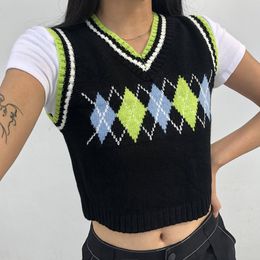 Argyle Plaid Knitted Tank Top Female Streetwear Preppy Style Clothes Stripe VNeck Cropped Knitwear 90s Sweater Vest 210426