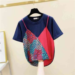 Women's O Neck Short Sleeves Patchwork Cotton T-Shirt Summer Tee Students Girls Ladies Pullover Casual Tops A3620 210428