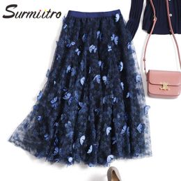 SURMIITRO Spring Summer 3D Butterfly Embroidery Korean Style Women Mesh High Waist Midi Long Tulle Pleated Skirt Female 210712