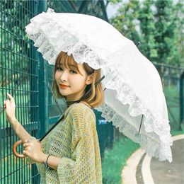 Peixin umbrella white flower long handle retro curved lace women 210721