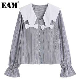 [EAM] Women Black Striped Bow Blouse Sailor Collar Long Sleeve Loose Fit Shirt Fashion Spring Autumn 1DD5875 210512