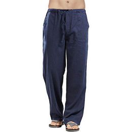 Men's Casual Lightweight Linen Drawstrintg Elastic Waist Summer Beach Pants Pocket Joggers Trousers Men Plus Size Long D30