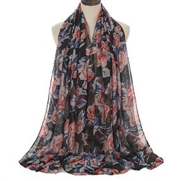 Autumn Winter Women's Voile Scarf Fashion Rose Long Scarves Soft Shawls Pashmina Print Bandanas Muslim Hijab Snood 180*90Cm