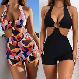 Hollow Out Halter Metal Ring Black Shorts Swimsuit Lady Backless Bikini Brazilian Push Up Bodysuit Beach Suit 210604