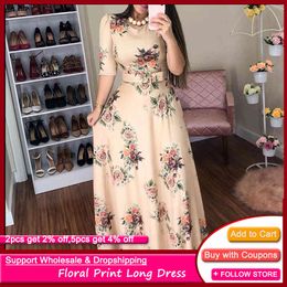 Women Summer Dress 2021 Casual Half Sleeve Plus Size 5XL Long Robe Femme Boho Floral Print Office Maxi Elegant Vestido with Blet X0521