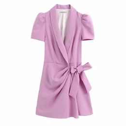 Women Chic Elegant Office Wear Blazer-Style Playsuit Vintage Female Purple Crossover V Neck Puff Sleeve Bow Tied Jumpsuit 210520