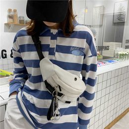 Waist Belt Bag Female Harajuku Style Slung Canvas Casual Running Sports Chest White Fanny Pack Black Bum 210708