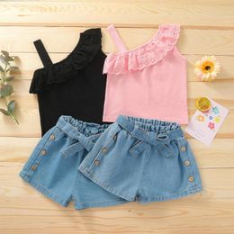 Clothing Sets 2-6Y Girls Clothes Kids Strap One Shoulder Ruffle Tops Belted Denim Shorts 2pcs Outfits Fashion Summer Children