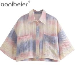 Women Sweet Gradiant Colourful Tie Dyed Print Casual Short Shirt Female Sleeve Blouse Roupas Chic Tops 210604