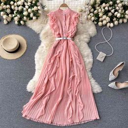 Beach Vacation Vestidos Women's Summer Dress Sweet Ruffled Slim Long Pleated Chiffon Midi GK711 210507