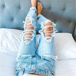 Ladies Streetwear Jeans Casual Straight Leg High Waist Loose Fitting Ripped Holes Thin Women Denim Trousers feminino 210629