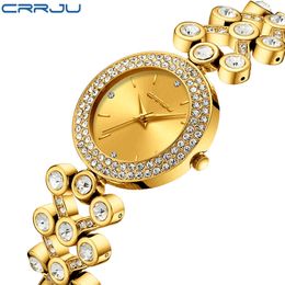 Women Watch CRRJU Crystal Diamond Quartz Wristwatches Ladies Luxury Gold Stainless Steel Watches Bling bling WatchRelojes Mujer 210517
