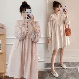 Maternity Dresses 3536# Dress Fashion Cotton Plain Color Long Sleeves Loose Plus Size Midi Pregnant Women Mom Pregnancy Clothes