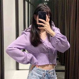 Forido vinatge french style blouse shirts women long sleeve button autumn winter crop tops ruffle purple chic short 210427