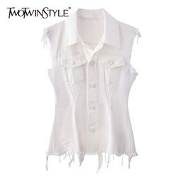 White Minimalist Patchwork Tassel Coat For Women Lapel Sleeveless Straight Coats Female Spring Fashion Clothes 210524