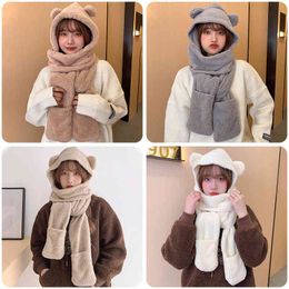 Winter Fashion Cute Bear Cotton Velvet Scarf Three-piece Ear Protection One-piece Cap Thick Cold-proof Ladies Hat