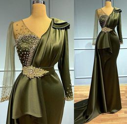 Amy Green Mermaid Evening Formal Dresses with Long Sleeve Lace Beaded Stain Arabic Aso Ebi African Fishtail Prom Gown Robes