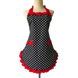 XiuMood Apron Maid Polka Dot Cooking Kitchen Aprons For Woman Working Adjustable Cotton With Cute Bowknot Pockets 211222