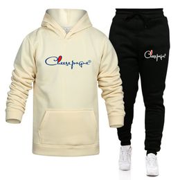 High Quality Men Tracksuit Casual 2 Pieces Sets Cotton Sweatshirt Hooded+Sweatpants Sportswear Mens Clothes Solid Jogger Sport Suit