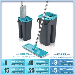 Flat Mop Bucket System Separates Dirty and Clean Water with Washable & Reusable Microfiber Pads for Home Kitchen Floor 210805