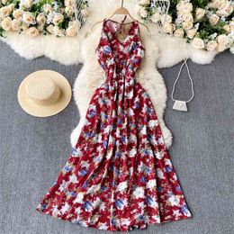 Women's Spring Fashion Seaside Resort V-neck Printing Spaghetti Strap Midi Dress D0105 210506