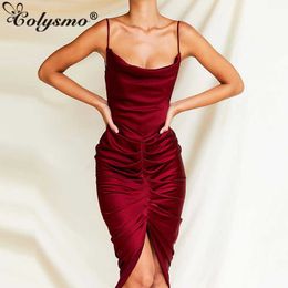 Colysmo Satin Party Dress Women Red Spaghetti Straps Cowl Neck Ruched Backless Sexy Long Dresses Summer Club Vestidos 210527